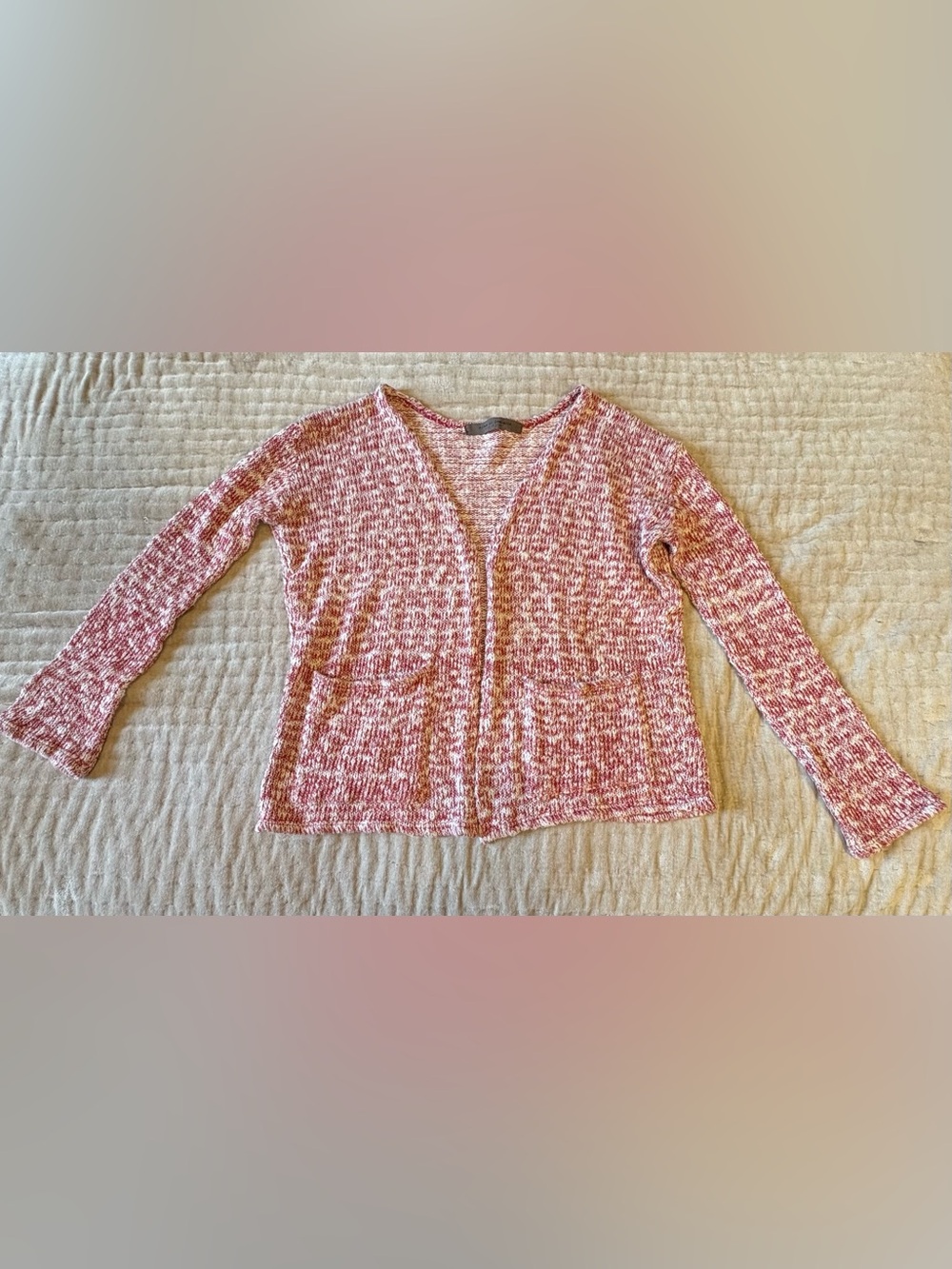 Album di Famiglia Cardigan ML Melange Cotton Blend Rosso White Boxy Open Sweater - Picture 2 of 14
